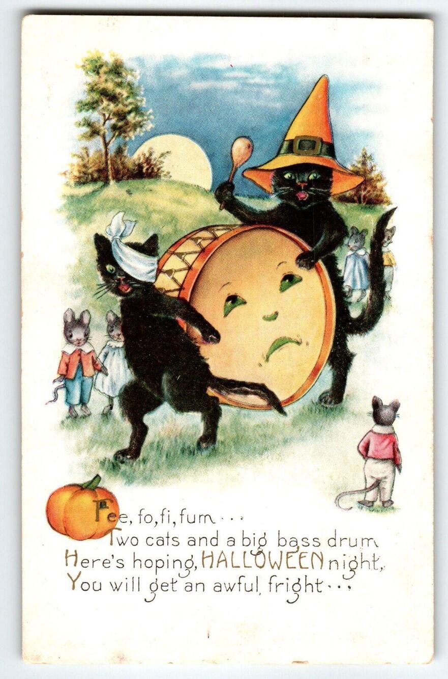 Halloween Postcard Whitney Black Cats Band Mice Anthropomorphic Drum Fantasy
